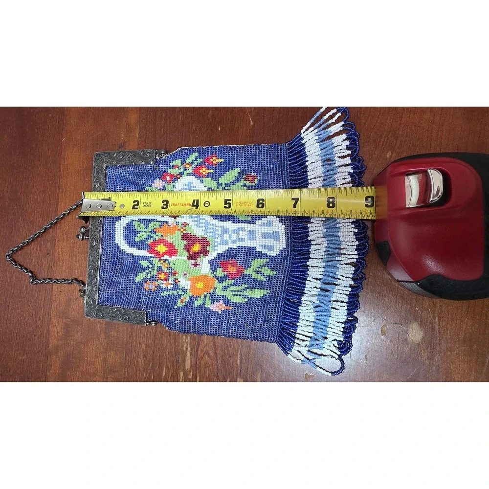 VTG Micro Beaded Floral Basket Evening Bag Blue Women Small Fringe Purse Y2k 80s